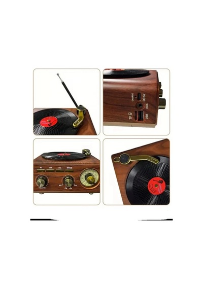 Ers Nostaljik Tasarım Plak Çalar Görünümlü Radyolu Bluetooth Hoparlör Retro Müzik Plak
