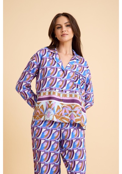 Amarelle Liberty Mor Desenli Gömlek Yaka Pijama Takımı-önden Düğmeli, Viskon