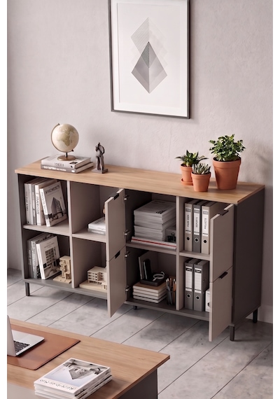 Robin Home Nexus 147x35 Cm Ofis Dolabı Klasör Dolabı Konsol Çok Amaçlı Dolap Metal Ayaklı Sepet-kumsal-antrasit Kahverengi