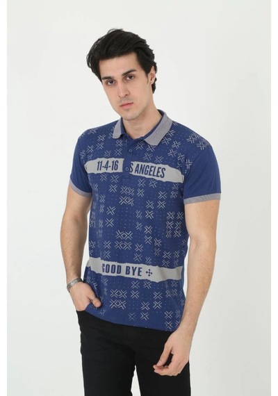 Erkek Polo Yaka Tişört Slim Fit Baskılı Kısa Kol T-shirt - Mavi