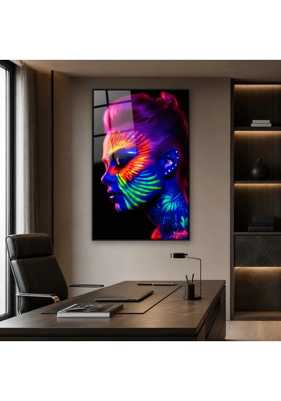 Neon Boyalı Kadın Profili Siyah Çerçeveli Cam Tablo