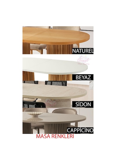 Açılır Oval Picasso Yemek Masası Takımı Nergis Sandalye Natural 1 Masa 6 Sandalye Beyaz