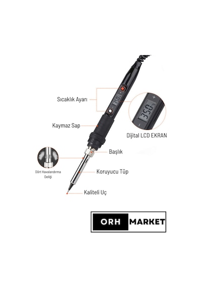 80W Dijital LCD Sıcaklık Ayarlı Lehim Havya – Seramik Rezistörlü, Yüksek Performanslı Kalem Tipi