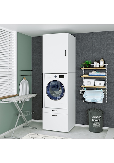 ROOMART ÇAMAŞIR-KURUTMA MAKİNESİ DOLABI + ÜST DOLABI MAT BEYAZ Mat Beyaz