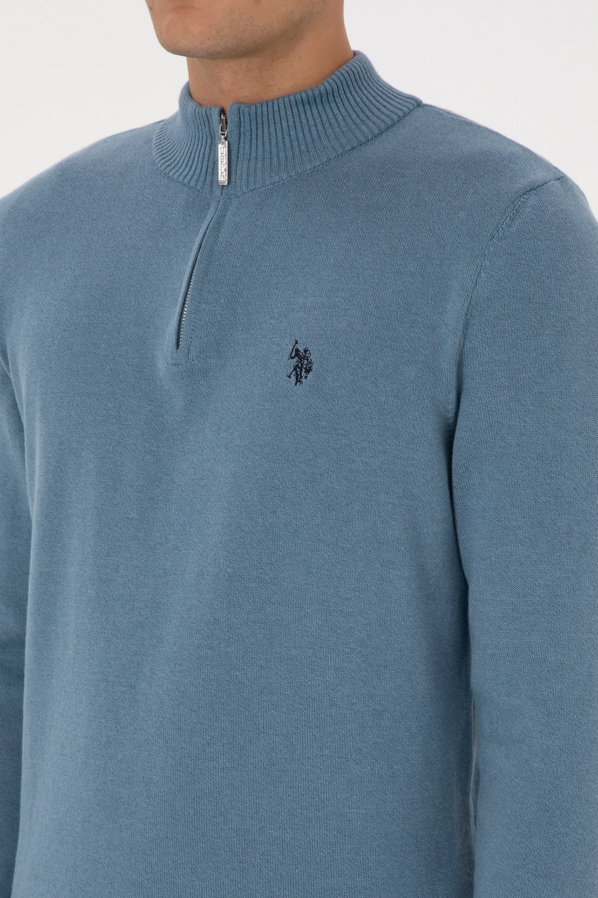 U.S. Polo Assn. Erkek Slim Fit Yarım Fermuarlı Mavi Basic Kazak 50313695-VR251