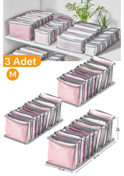 Serstil 3 Adet - 11 Gözlü Şeffaf Çekmece Içi Düzenleyici Organizer Medium Gri