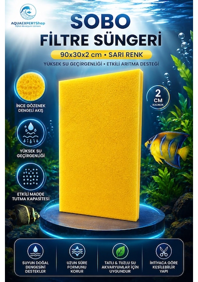 Sobo Akvaryum Filtre Süngeri 90x30x2 Cm - Üstün Temizlik Gücü Ve Yüksek Su Geçirgenliği - Sarı Renk