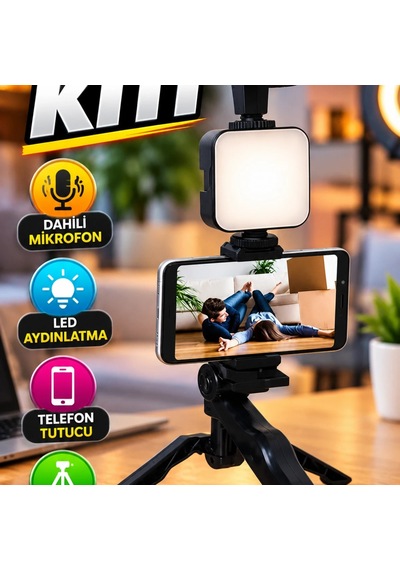 Telefon Tutucu Led Işıklı Mikrofonlu Video Kayıt Kiti Mini Tripodlu