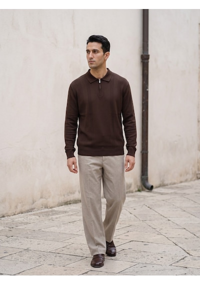 Maccali Erkek Kahve Bantlı Fermuarlı Polo Yaka Triko Sweatshirt