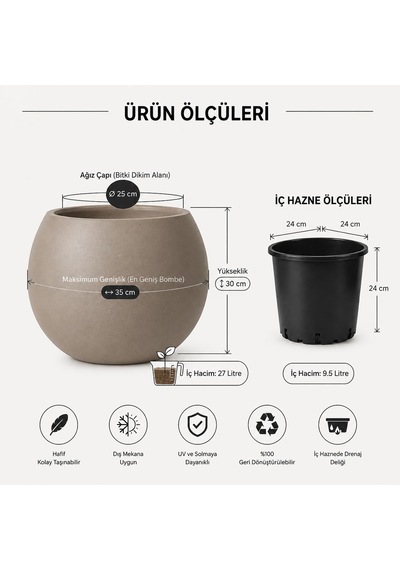 Zevli Dekoratif Saksı 27l Kum Beji Küre Tasarım, Beton Görünümlü Modern Dekorasyon Objesi