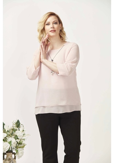 Moda Berray 1934 Kolyeli Şifon Büyük Beden Şık Bluz Açık Pembe Pembe