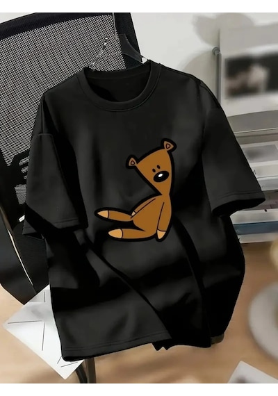 Kadın Tişört Ayı Baskılı Bisiklet Yaka Yazlık Kısa Kol T-shirt - Siyah