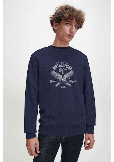 Motor Buji California Baskılı Indigo Erkek Örme Sweatshirt