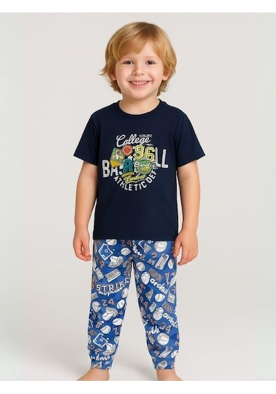 Zekids Erkek Çocuk Pamuklu Kısa Kol College Pijama Takımı-16061 Lacivert