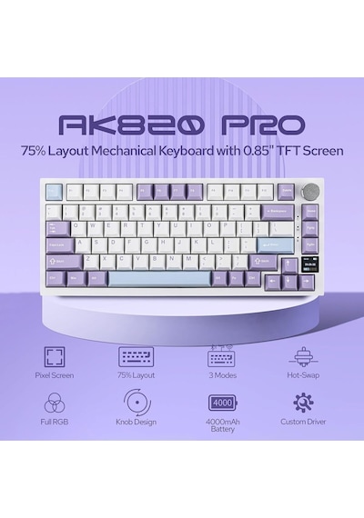 Ak820 Pro Mekanik Oyun Klavyesi,3 Modlu Tft Renkli Ekran Ve Cnc Düğmeli 81 Tuş,rgb Aydınlatma