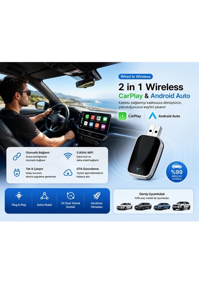 Kenly Kablosuz Apple Carplay Adaptörü 2'si 1 Arada Wireless Usb Type-c Otg Dönüştürücü