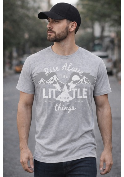 Herkesemoda Litte Things Yazı Detaylı Basic T-shirt Gri