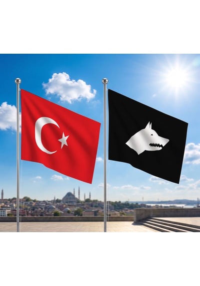 Siyah Beyaz Göktürk Bayrağı Ve Alpaka Kumaş Türk Bayrağı 2'li Set 70x105cm Diğer
