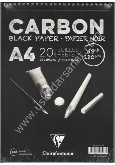 Clairefontaine Carbon Çizim Blok A4 120 Gr. 20 Yaprak Üstten Spiralli Siyah