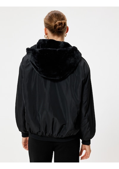 Koton Oversize Bomber Şişme Mont Kapüşonlu İçi Kürklü Fermuarlı Siyah 5wak20111ew Siyah