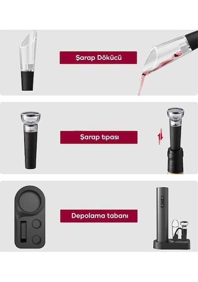 Ezere Sarjlı Otomatik Şarap Açacağı Tirbuşon Seti Şarap Açma Seti- 5775 Siyah