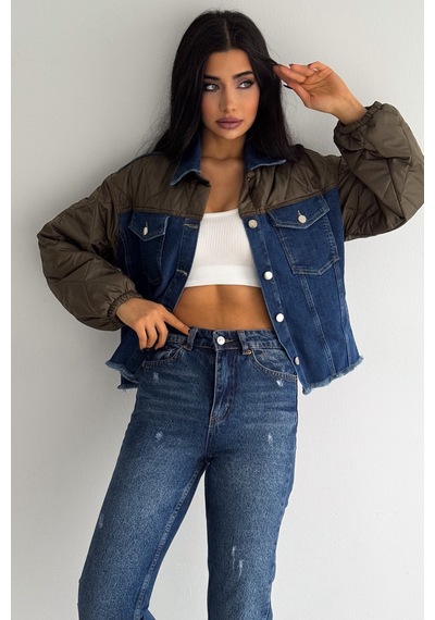 Femelle Haki Kapitone Garnili - Denim Kot Mont