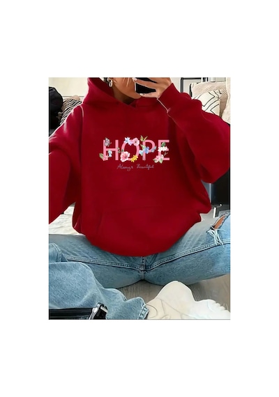 Herkesemoda Hope Yazı Baskılı İçi Polarlı Kapüşonlu Sweatshirt Kırmızı