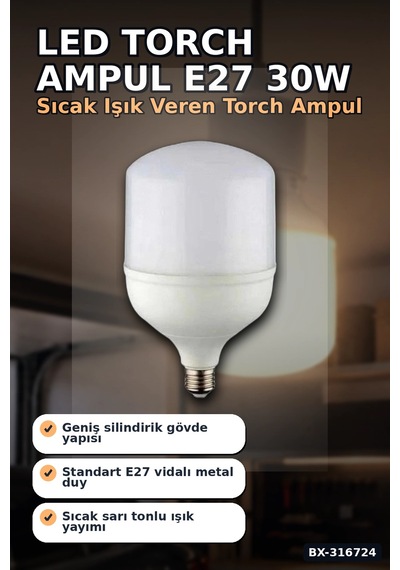 Led Torch Ampul 30w E27 Duy 3200k Gün Işığı 2930 Lümen Güçlü İç Mekan Aydınlatma Bx-316724 Standart