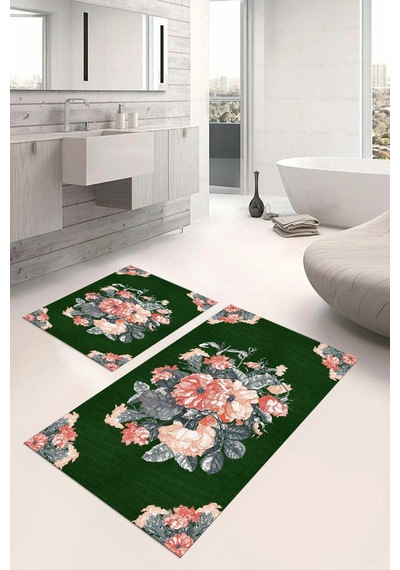 Buççin Online Mağaza Dijital Baskılı Yıkanabilir Kaymaz Taban Çiçek Detaylı Banyo Paspası Klozet Takımı Polyester Yeşil Çok Renkli