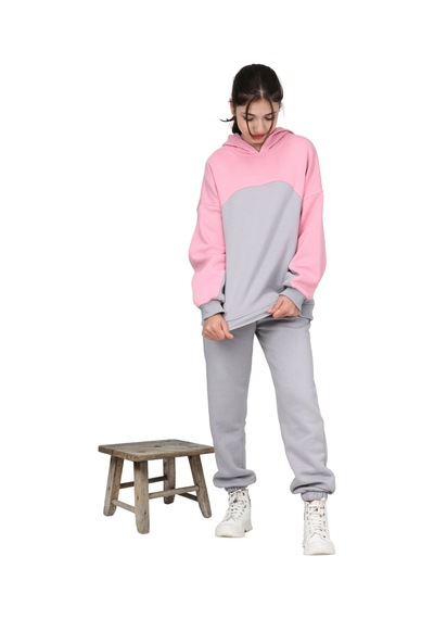 Erdem Kıds Kız Çocuk Paçası Lastikli, Garnili Oversize 3 İplik Şardonlu İçi Pamuklu Eşofman Takımı Gri-pembe Gri-pembe