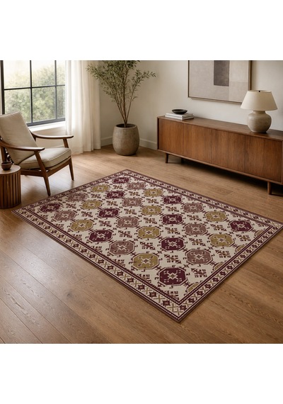 Kartela Halı Afgan Türkmen Desenli Otantik Halı Bordo Kaymaz Taban Makinede Yıkanabilir 60x90 Cm