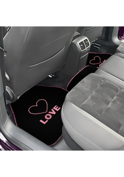 Kalp Ve Aşk Desenli Pembe Nakışlı 5'li Oto Halı Paspas Seti Love Yazı Detaylı Araba Paspas Takımı