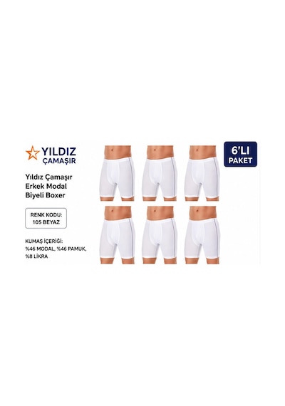 Yıldız Çamaşır Erkek Modal Biyeli Boxer 105-106-107-108-109 - 6 Adet Beyaz