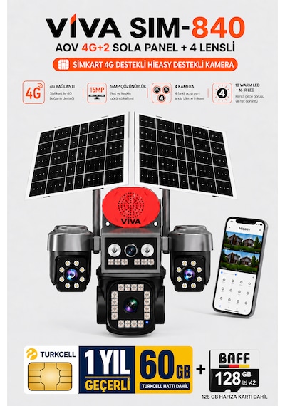 Sim-840 Çift Güneş Panelli 4g Sim Kartlı Kablosuz 4 Lensli Güvenlik Kamerası 16mp Ptz 60 Gb İnternetli Sim Kart + 128 Gb Hafıza Kartı Dahil