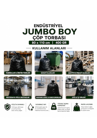 Endüstriyel Jumbo Boy Çöp Torbası 80x110 Cm 400 Gr 20 Rulo 200 Adet Ekstra Kalın Siyah Çöp Poşeti