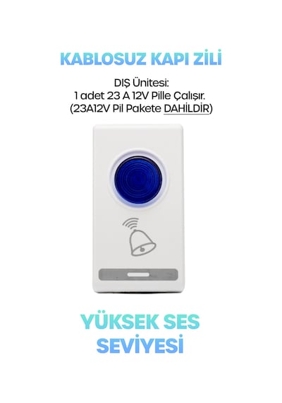 Kablosuz Uzaktan Kumanda Kapı Zili Işıklı Uzun Menzilli Pilli 32 Farklı Melodili Mavi-beyaz 9402