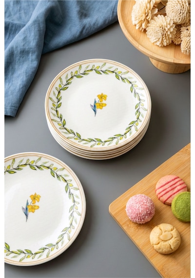 Grandora Zarif Yeşil Desenli 6'lı 20 Cm Pasta, Tatlı Ve Sunum Tabağı, Modern Şık Kaliteli Pasta Tabağı Beyaz