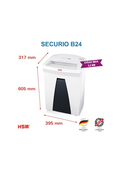 HSM SECURIO B24 - 5,8mm Evrak İmha Makinesi / Kağıt Kırpma Makinesi - CD İmha Makinesi - 35lt