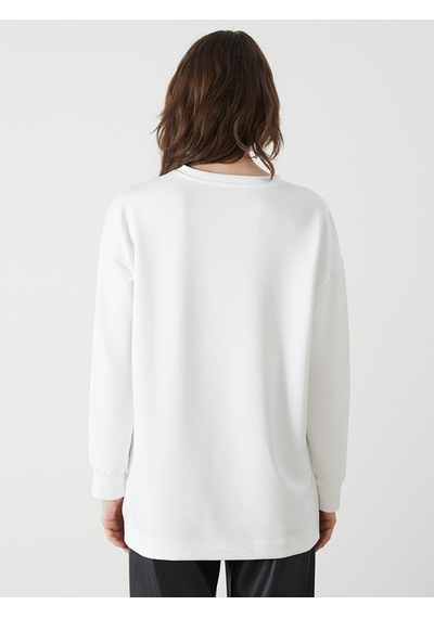 Lcwaıkıkı Classic Beyaz Bisiklet Yaka Baskılı Oversize Kadın Tunik