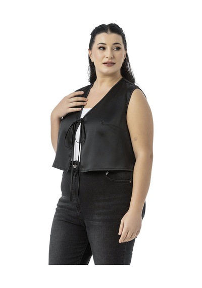 Disentis Büyük Beden Önden Bağlama Detaylı Saten Astarsız Siyah Yelek Siyah