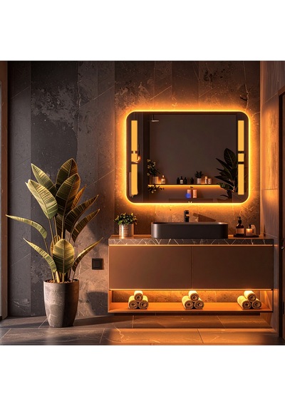 Selyn Amber Led'li Lazer Kumlamalı Lavabo & Banyo Aynası Dokunmatik Sensörlü 100 X 75 Cm Turuncu