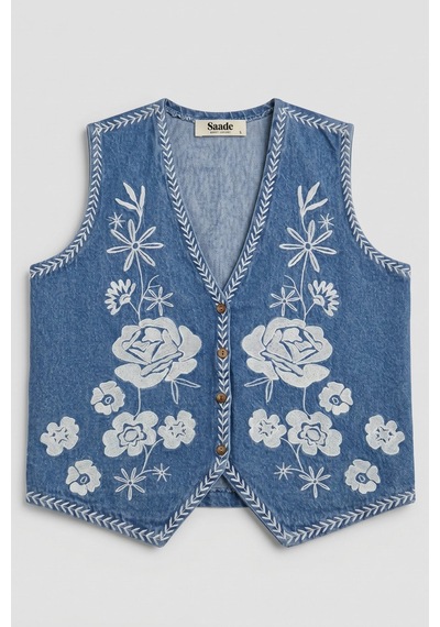 Saade Sââde Kadın V Yaka Çiçek Nakışlı Düğmeli Denim Yelek Mavi