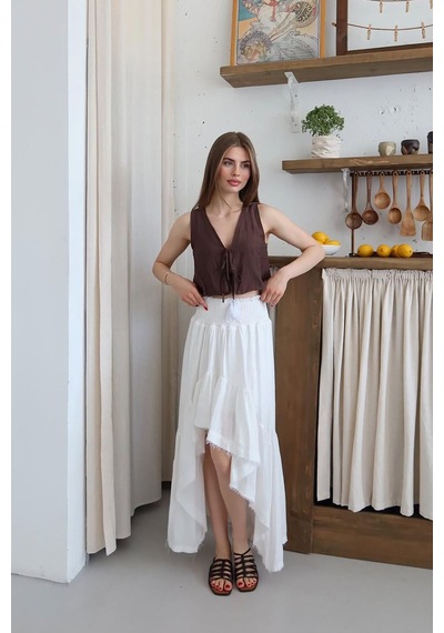 Neşeli Butik Kadın Müslin Kumaş Asimetrik Etek Nbnp011 Beyaz