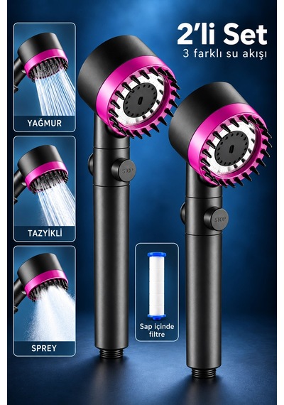 Tilbe Home 2li Duş Başlığı 3 Mod Filtreli Yüksek Basınçlı Silikon Masaj Uçlu Yağmur Sprey Tazik Stop Siyah