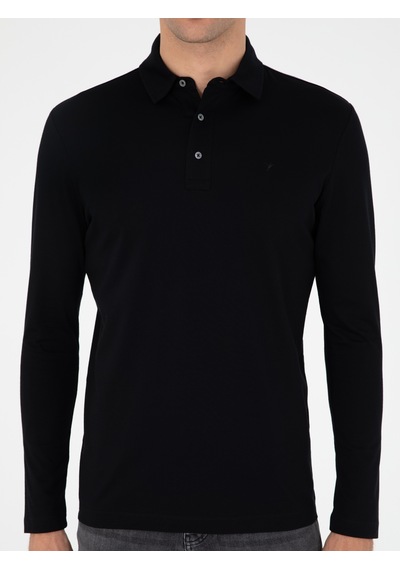 Siyah Regular Fit Polo Yaka Pamuklu Sweatshirt