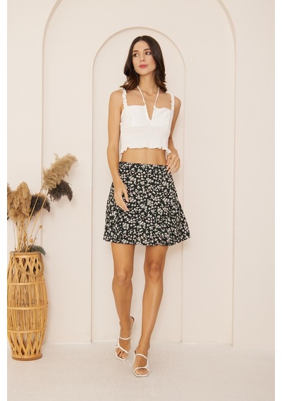 Darlin Moda Siyah Çiçek Desenli Mini Şort Etek Dm2024 Siyah