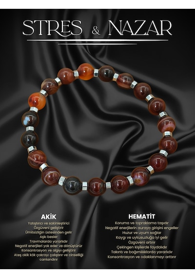 Sertifikalı Akik Ve Hematit Doğal Taşlı Erkek Bileklik Bordo