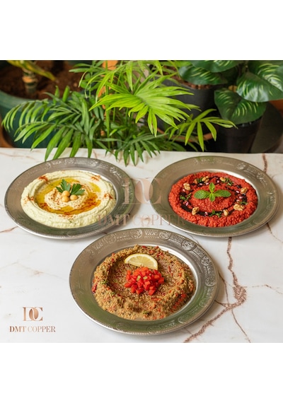 18 Cm 430 Kalite Krom Çelik Yuvarlak Servis Tabağı - Salata Meze Köfte İçin Şık Sunum Tabağı - Kararmaz Fırına Dayanıklı El İmalatı Gaziantep Gri
