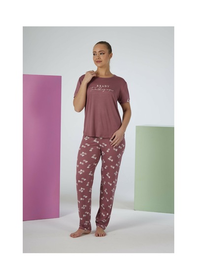 Estiva Kadın Yaprak Alt Desenli Kısa Kollu Soft Pijama Takımı Pudra