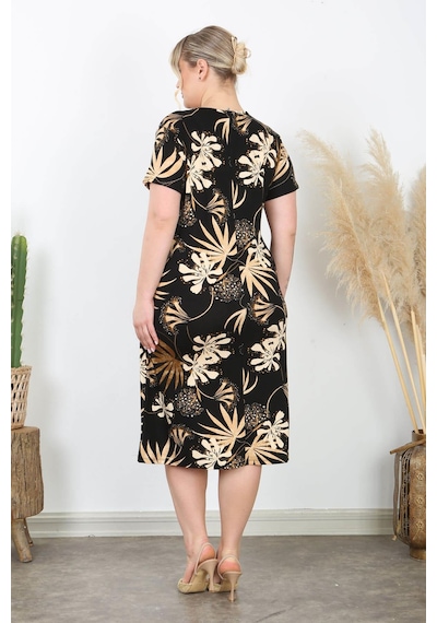 Mooi Xxl Kadın Siyah Vizon Floral Desen Midi Elbise Siyah